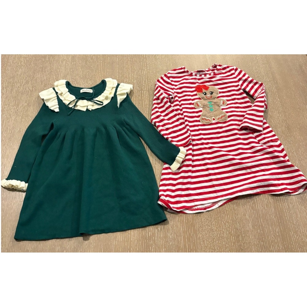 Girls Size 5 Dress Lot 2 Pc BesserBay Green Knit Dress‎ Gingerbread Stripe Dress